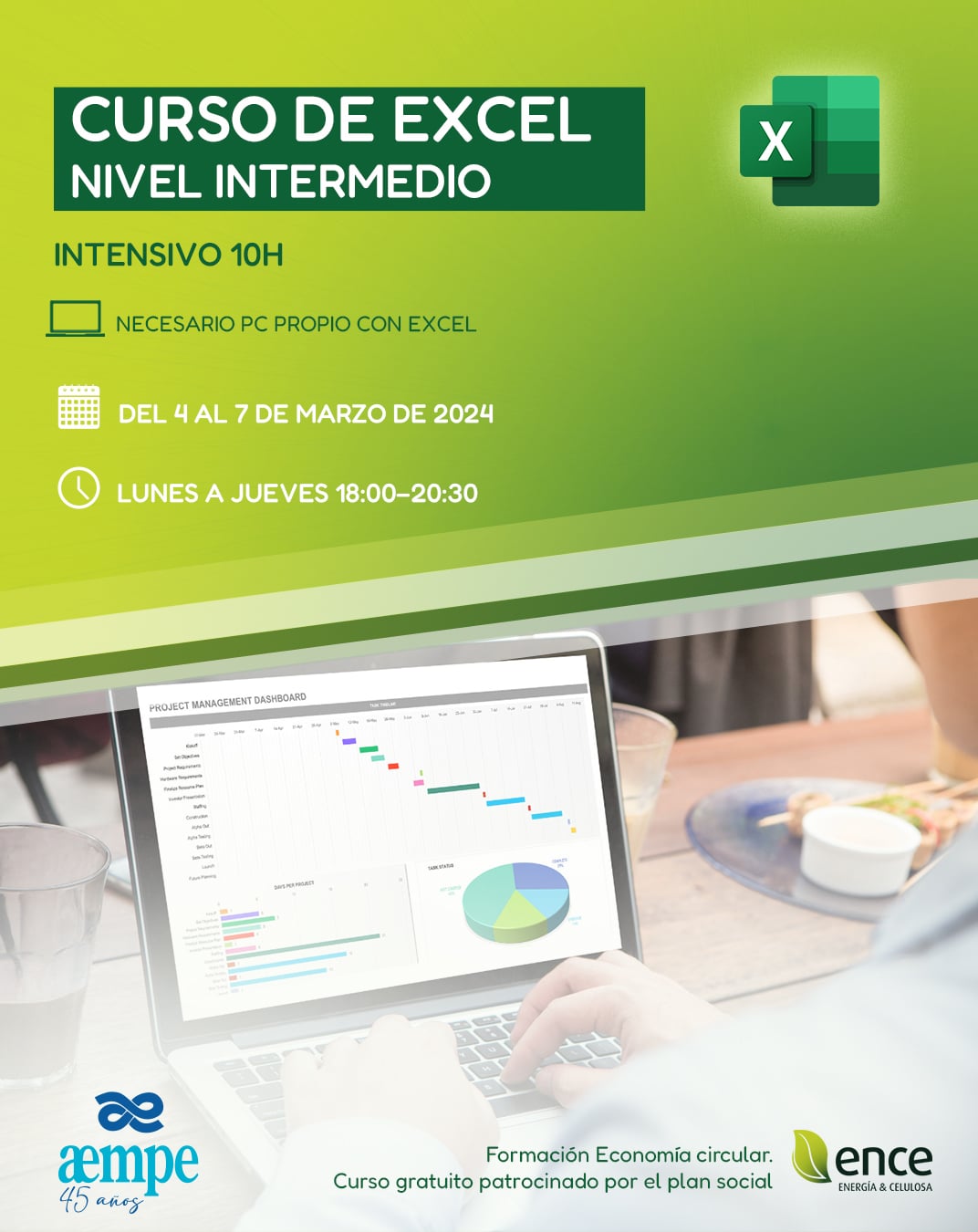Cartel del curso de Excel de nivel intermedio que muestra una persona trabajando con Excel en un ordenador